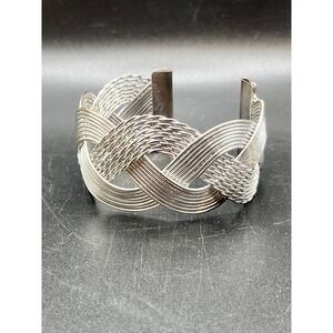 Silver Tone Woven Cuff Bracelet Unique Braided Statement Jewelry Vintage 1.25" W